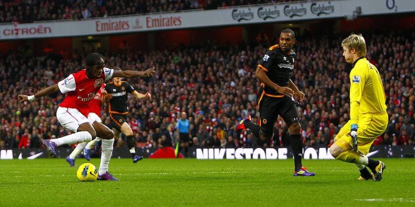 Gervinho of Arsenal scores his side s first goal Barclays Premier League Arsenal v Wolverhampton Wanderers at The Emirates Stadium, London 27th December, 2011 EDITORIAL USE ONLY. No use with unauthorised audio, video, data, fixture lists, club league logos or live services. Online in-match use limited to 120 images, no video emulation. No use in betting, games or single club league player publications.
