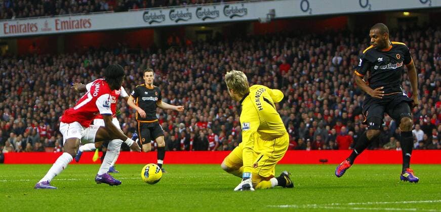 Gervinho of Arsenal scores his side s first goal Barclays Premier League Arsenal v Wolverhampton Wanderers at The Emirates Stadium, London 27th December, 2011 EDITORIAL USE ONLY. No use with unauthorised audio, video, data, fixture lists, club league logos or live services. Online in-match use limited to 120 images, no video emulation. No use in betting, games or single club league player publications.