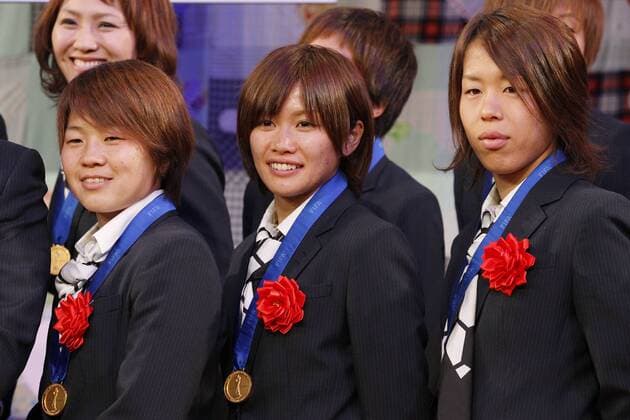 Aya Miyama (JPN), Nahomi Kawasumi (JPN), Azusa Iwashimizu (JPN), DECEMBER 27, 2011 - Football Soccer : Aya Miyama, Nahomi Kawasumi and Azusa Iwashimizu of Japan attend Celebration party for FIFA Women s World Cup Champion at Tokyo Dome City in Tokyo, Japan.  ( qdwa021959)