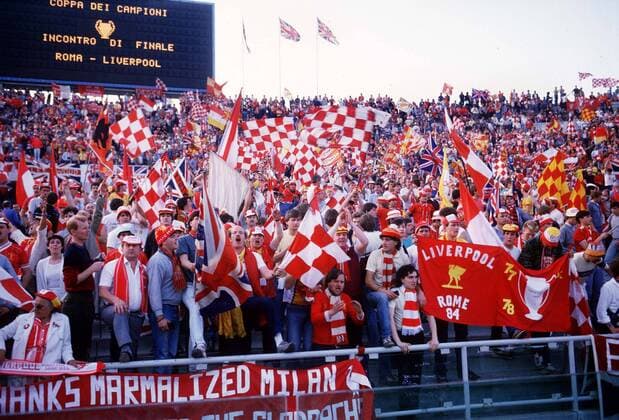 Football Liverpool fans before kick off. European Cup Final 1984. 