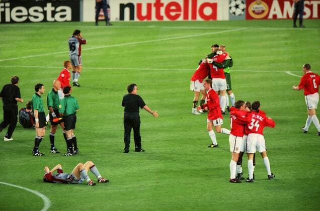 Final whistle United celebrations: Teddy Sheringham, Andy Cole, and Jonathon Greening together. Nicky Butt (centre) Manchester United v Bayern Munich, Champions League Cup Final; 26 05 1999; Barcelona. 