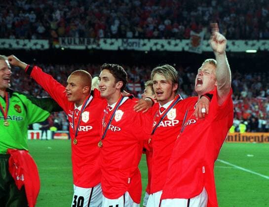 Manchester United Champions League winners. Wes Brown,Jonathan Greening,David Beckham,David May. Manchester United 2:1 Bayern Munich, Champions League Cup Final, 26 05 1999. Barcelona. 