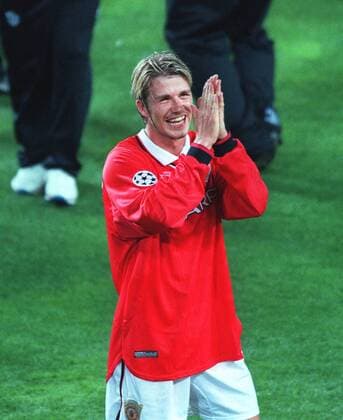 David Beckham (Man Utd) celebrates winning the Champions League. Manchester United 2:1 Bayern Munich, Champions League Cup Final, 26 05 1999. Barcelona. 