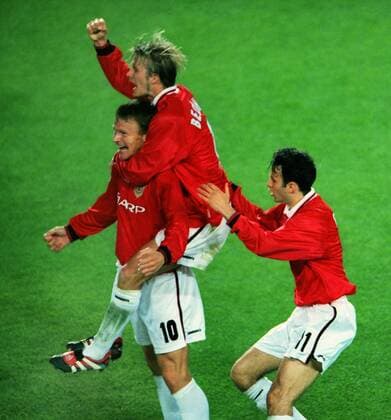 Teddy Sheringham celebrates his goal with David Beckham and Ryan Giggs. Manchester United v Bayern Munich, Champions League Cup Final; 26 05 1999; Barcelona. 