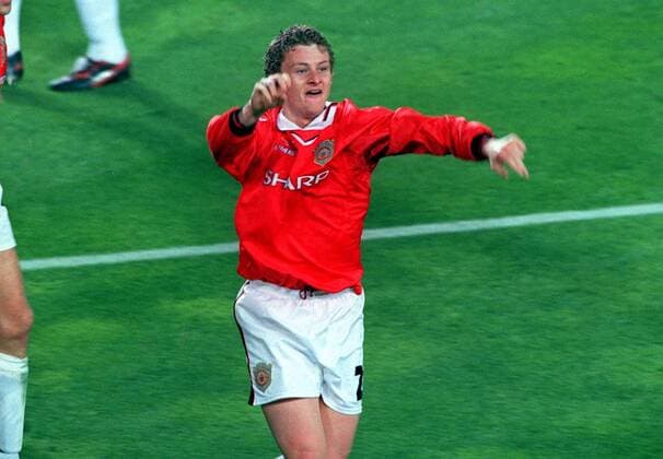 Ole Solskjaer (20) scorer of the winner for United,celebrates. Manchester United 2:1 Bayern Munich, Champions League Cup Final, 26 05 1999. Barcelona. 