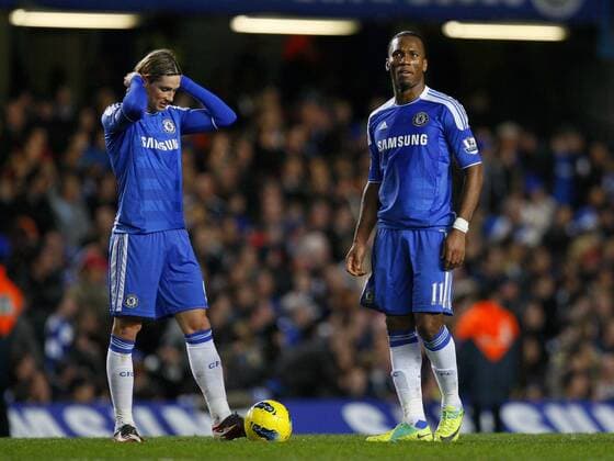 Fernando Torres of FC Chelsea and Didier Drogba of FC Chelsea look on dejected Barclays Premier League FC Chelsea v Aston Villa at Stamford Bridge, London 31st December, 2011 EDITORIAL USE ONLY. No use with unauthorised audio, video, data, fixture lists, club league logos or live services. Online in-match use limited to 120 images, no video emulation. No use in betting, games or single club league player publications.