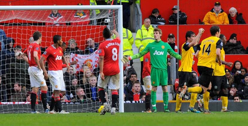 David De Gea of Manchester United looks at his team mates following the third goal Barclays Premier League Manchester United v Blackburn Rovers at Old Trafford, Manchester 31st December, 2011 EDITORIAL USE ONLY. No use with unauthorised audio, video, data, fixture lists, club league logos or live services. Online in-match use limited to 120 images, no video emulation. No use in betting, games or single club league player publications.