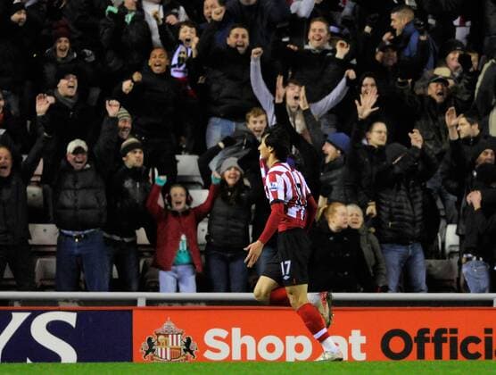 Ji Dong-Won of Sunderland celebrates scoring his late winner. Barclays Premier League Sunderland v Manchester City at The Stadium of Light, Sunderland 1st January, 2012 EDITORIAL USE ONLY. No use with unauthorised audio, video, data, fixture lists, club league logos or live services. Online in-match use limited to 120 images, no video emulation. No use in betting, games or single club league player publications.