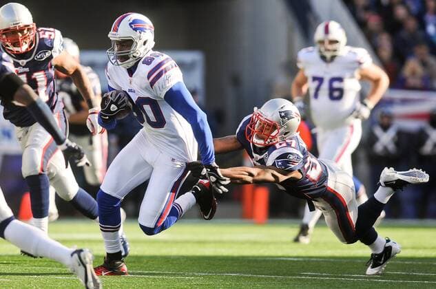 Jan. 1, 2012 - Foxborough, Massachusetts, U.S - Buffalo WR Derek Hagan (80) breaks free from the tackle of New England Patriots CB Antwaun Molden (27) after his catch. The Buffalo Bills lead the New England Patriots 21 - 14 after the half at Gillette Stadium. NFL American Football Herren USA 2011 - Jan 1 - Buffalo Bills vs New England Patriots - ZUMAq39