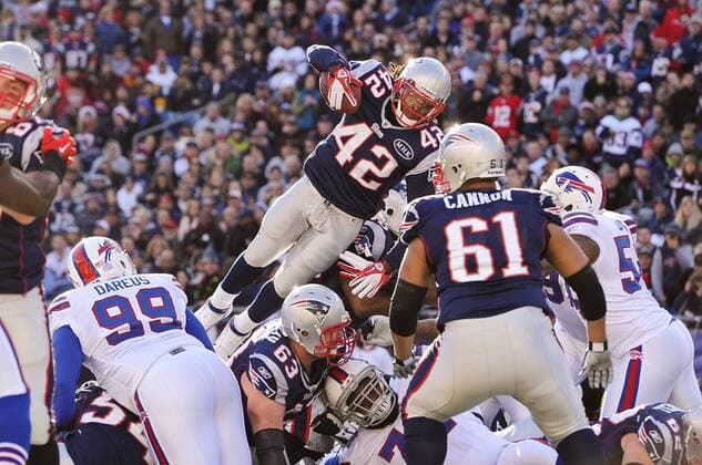 Jan. 1, 2012 - Foxborough, Massachusetts, U.S - New England Patriots RB BenJarvus Green-Ellis (42) dives over the line into the endzone for the Patriots first touchdown of the game. The Buffalo Bills lead the New England Patriots 21 - 14 after the half at Gillette Stadium. NFL American Football Herren USA 2011 - Jan 1 - Buffalo Bills vs New England Patriots - ZUMAq39