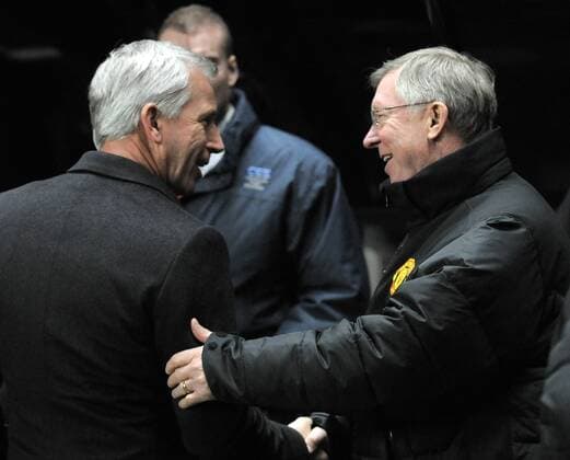 Newcastle United manager Alan Pardew (L) greets Manchester United manager Sir Alex Ferguson. Barclays Premier League Newcastle United v Manchester United at The Sports Direct Arena, Newcastle upon Tyne 4th January, 2012 EDITORIAL USE ONLY. No use with unauthorised audio, video, data, fixture lists, club league logos or live services. Online in-match use limited to 120 images, no video emulation. No use in betting, games or single club league player publications.