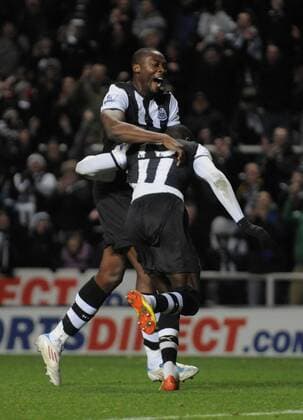 Demba Ba of (R) celebrates scoring his side s first goal with Shola Ameobi. Barclays Premier League Newcastle United v Manchester United at The Sports Direct Arena, Newcastle upon Tyne 4th January, 2012 EDITORIAL USE ONLY. No use with unauthorised audio, video, data, fixture lists, club league logos or live services. Online in-match use limited to 120 images, no video emulation. No use in betting, games or single club league player publications.