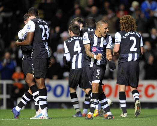 Newcastle United players celebrate Demba Ba s first goal. Barclays Premier League Newcastle United v Manchester United at The Sports Direct Arena, Newcastle upon Tyne 4th January, 2012 EDITORIAL USE ONLY. No use with unauthorised audio, video, data, fixture lists, club league logos or live services. Online in-match use limited to 120 images, no video emulation. No use in betting, games or single club league player publications.