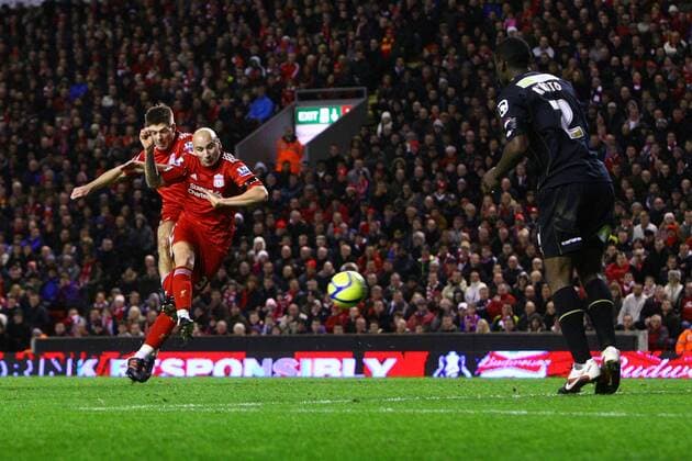Football - FA Cup Third Round - Liverpool vs. Oldham Athletic Jonjo Shelvey of Liverpool scores his sides third goal at Anfield 