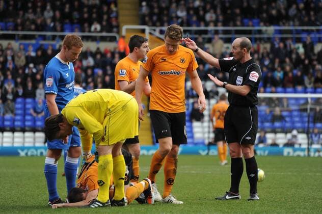 07.01.2012. Roger Johnson (captain Wolverhampton Wanderers) lies injured and has to be replaced during the FA Cup, Third Round football match between Birmingham City and Wolverhampton Wanderers played at St Andrews. The game ended in a 0-0 draw. xAnthonyxStanleyx  ActionPlus11231158
