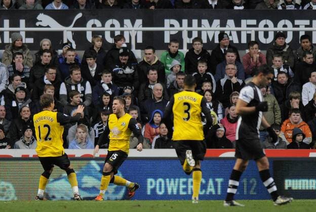 David Goodwillie of Blackburn Rovers (2nd L) celebrates scoring his side s first goal. Newcastle United v Blackburn Rovers in the the FA Cup with Budweiser, 3rd round at The Sports Direct Arena, Newcastle upon Tyne 7th January, 2012 EDITORIAL USE ONLY. No use with unauthorised audio, video, data, fixture lists, club league logos or live services. Online in-match use limited to 120 images, no video emulation. No use in betting, games or single club league player publications.
