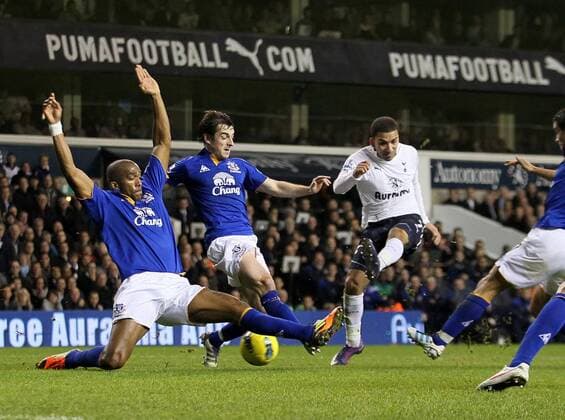 Tottenhams Aaron Lennon scoring his sides opening goal Tottenham v Everton in the the Barclays Premiership, at the White Hart Lane, London. 11th January 2012 EDITORIAL USE ONLY. No use with unauthorised audio, video, data, fixture lists, club league logos or live services. Online in-match use limited to 120 images, no video emulation. No use in betting, games or single club league player publications.