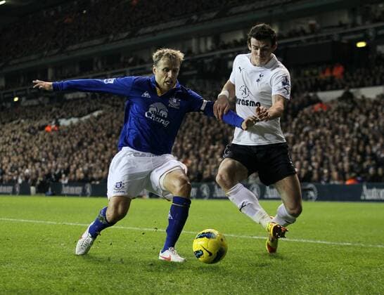 Tottenhams Gareth Bale tussles with Evertons Phil Neville Tottenham v Everton in the the Barclays Premiership, at the White Hart Lane, London. 11th January 2012 EDITORIAL USE ONLY. No use with unauthorised audio, video, data, fixture lists, club league logos or live services. Online in-match use limited to 120 images, no video emulation. No use in betting, games or single club league player publications.