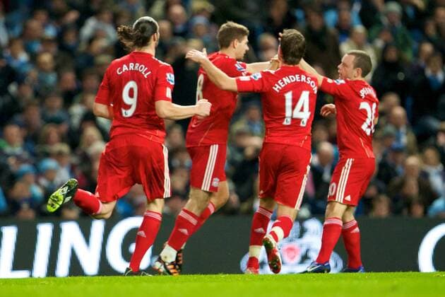 11.01.2012 Manchester, England. Liverpool FC celebrate English midfielder Steven Gerrard s penatly during the Carling Cup semi final match between Manchester City and Liverpool, played at the City of Manchester Stadium. Liverpool won the game by a score of 0-1 and take the lead into the second home leg at Anfield. xTimxWilliamsx  ActionPlus11232823