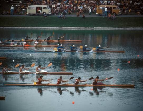 1000m Kajakvierer, von vorn: UdSSR (Yuriy Filatov, Yuriy Stetsenko, Volodymyr Morozov, Valery Didenko) vor Norwegen (Egil Söby, Steinar Amundsen, Tore Berger, Jan Johansen), Rumänien (Aurel Vernescu, Mihai Zafiu, Roman Vartolomeu, Atanasie Sciotnic), BR Deutschland (Rudolf Blaß, Eberhard Fischer, Rainer Hennes, Erich Pasch) und Ungarn (Istvan Szabo, Peter Varhelyi, Zoltan Bako, Csongor Vargha)