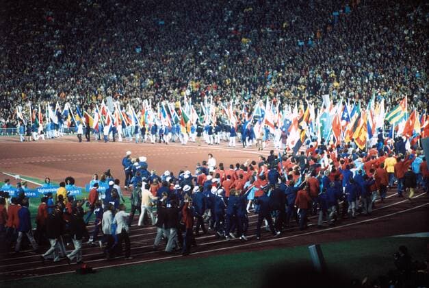 Abschlussfeier der Olympischen Spiele 1972 in München: Ausmarsch der Nationen