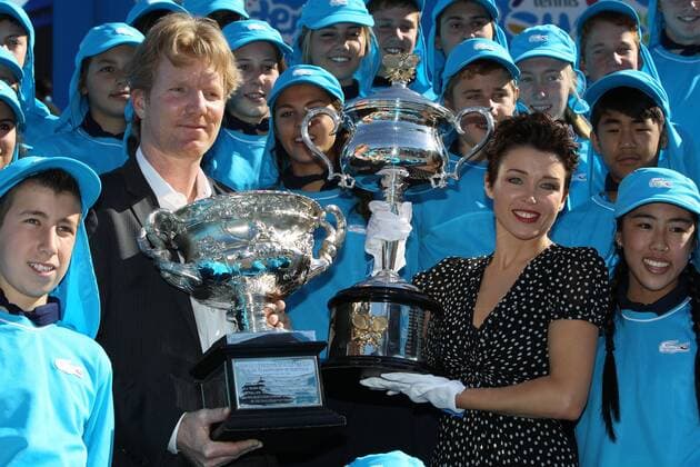 trophy presentation with Jim Courier and Dannii Minogue in front of Rod Laver Arena before 2012 Tennis Australian Open in Melbourne starts, 16 01 2012 -