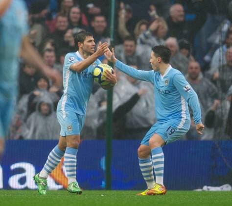Manchester City s Sergio Kun Agüero celebrates scoring the second goal against Manchester United during the FA Cup 3rd Round match at the City of Manchester Stadium. xHOCHxZWEIx xPropagandax
