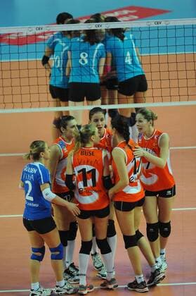 Women champions league group A volleyball match between Eczacibasi Vitra (orange) and SC Schweriner ( blue) at Burhan Felek Hall in Istanbul. 17.01.2012 Scored: Eczacibasi Vitra 3 - SC Schweriner 2 1. set 29-31 2. set 25-20 3. set 25 21 4. set 22-25 5. set 15-12 Pictured: 