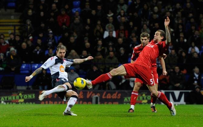 Gretar Steinsson of Bolton Wanderers scores the third goal Barclays Premier League - Bolton Wanderers vs. Liverpool FC at the Reebok Stadium, Bolton. 21st January, 2012. EDITORIAL USE ONLY. No use with unauthorised audio, video, data, fixture lists, club league logos or live services. Online in-match use limited to 120 images, no video emulation. No use in betting, games or single club league player publications.