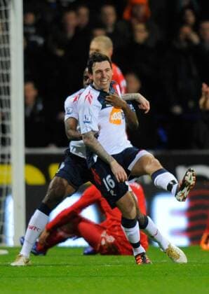 Mark Davies of Bolton Wanderers turns to celebrate scoring the first goal Barclays Premier League - Bolton Wanderers vs. Liverpool FC at the Reebok Stadium, Bolton. 21st January, 2012 EDITORIAL USE ONLY. No use with unauthorised audio, video, data, fixture lists, club league logos or live services. Online in-match use limited to 120 images, no video emulation. No use in betting, games or single club league player publications.