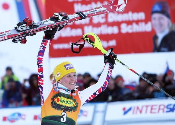 SKI ALPIN - FIS WC Kranjska Gora, Slalom, Damen KRANJSKA GORA,SLOWENIEN,22.JAN.12 - SKI ALPIN - FIS Weltcup, Slalom der Damen. Bild zeigt den Jubel von Michaela Kirchgasser (AUT). 
