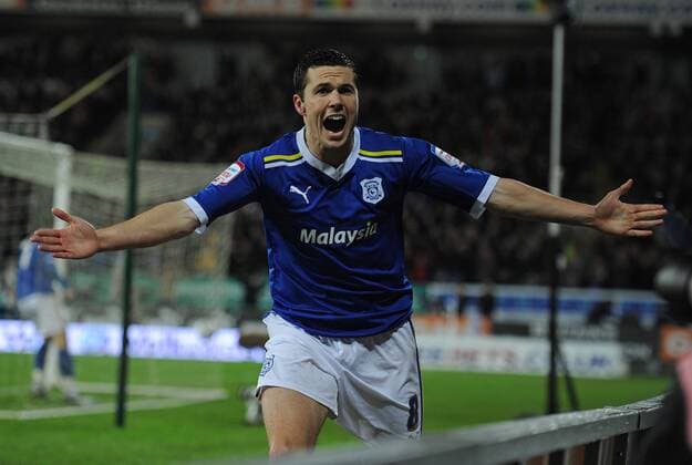 Football - League Cup Semi-Final Second Leg - Cardiff City vs. Crystal Palace Don Cowie of Cardiff City celebrates their first goal after his cross was headed in by a Palace defender for an own goal at the Cardiff City Stadium 