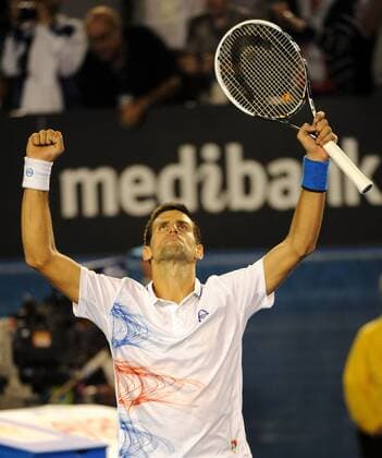MELBOURNE, Jan. 25, 2012 -- Serbia s Novak Djokovic celebrates after winning the men s singles quarterfinals match at the 2012 Australian Open tennis championship at Melbourne Park in Melbourne, Australia, Jan. 25, 2012. 