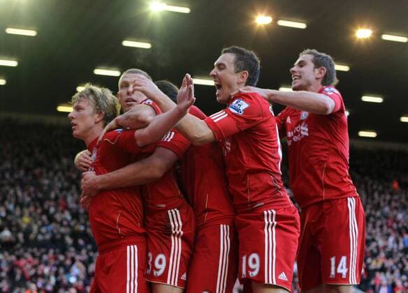 Liverpools Dirk Kuyt celebrates scoring his sides winning goal..Liverpool v Manchester United in the the FA Cup Fourth Round sponsored by Budweiser at Anfireld, Liverpool. 28th January 2012. EDITORIAL USE ONLY. No use with unauthorised audio, video, data, fixture lists, club league logos or live services. Online in-match use limited to 120 images, no video emulation. No use in betting, games or single club league player publications.