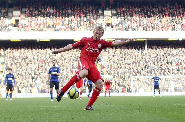 Liverpools Dirk Kuyt scoring his sides winning goal..Liverpool v Manchester United in the the FA Cup Fourth Round sponsored by Budweiser at Anfireld, Liverpool. 28th January 2012. EDITORIAL USE ONLY. No use with unauthorised audio, video, data, fixture lists, club league logos or live services. Online in-match use limited to 120 images, no video emulation. No use in betting, games or single club league player publications.