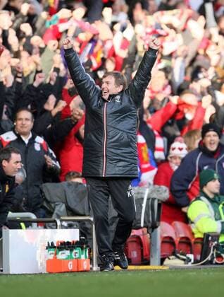 Liverpools Kenny Daglish celebrates at the final whistle..Liverpool v Manchester United in the the FA Cup Fourth Round sponsored by Budweiser at Anfireld, Liverpool. 28th January 2012. EDITORIAL USE ONLY. No use with unauthorised audio, video, data, fixture lists, club league logos or live services. Online in-match use limited to 120 images, no video emulation. No use in betting, games or single club league player publications.