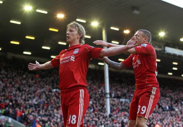 Liverpools Dirk Kuyt celebrates scoring his sides winning goal..Liverpool v Manchester United in the the FA Cup Fourth Round sponsored by Budweiser at Anfireld, Liverpool. 28th January 2012. EDITORIAL USE ONLY. No use with unauthorised audio, video, data, fixture lists, club league logos or live services. Online in-match use limited to 120 images, no video emulation. No use in betting, games or single club league player publications.