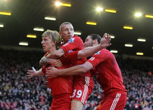 Liverpools Dirk Kuyt celebrates scoring his sides winning goal..Liverpool v Manchester United in the the FA Cup Fourth Round sponsored by Budweiser at Anfireld, Liverpool. 28th January 2012. EDITORIAL USE ONLY. No use with unauthorised audio, video, data, fixture lists, club league logos or live services. Online in-match use limited to 120 images, no video emulation. No use in betting, games or single club league player publications.