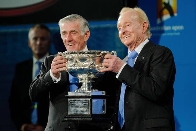 Jan. 29, 2012 - Melbourne, Victoria, Australia - Ken Rosewall and Rod Laver deliver the trophy prior to the men s finals match on day 14 of the 2012 Australian Open at Melbourne Park, Australia. TENNIS 2012 - Australian Open 2012 - Day 12 - ZUMAx35
