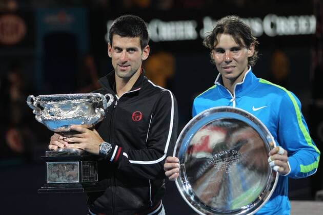 Rafael Nadal (R), ESP, and winner Novak Djokovic, SRB, after the men s final of 2012 Tennis Australian Open in Melbourne, 29 01 2012 -