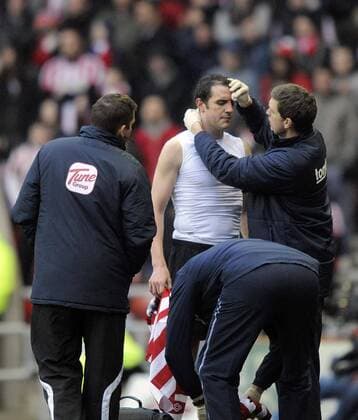 Sunderland s John O Shea gets treatment for a cut to the face. The FA Cup with Budweiser match between Sunderland AFC vs Middlesbrough FC at the Stadium of Light at Sunderland on 29th January 2012 EDITORIAL USE ONLY. No use with unauthorised audio, video, data, fixture lists, club league logos or live services. Online in-match use limited to 120 images, no video emulation. No use in betting, games or single club league player publications.