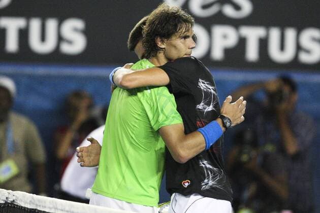 29 January 2012 : Novak Djokovic (SRB) in his final match hugs Rafael Nadal (ESP) after their epic 5 set match which was the longest grand slam final ever during Day 14 of the Mens final of the Australian Tennis open grand slam event at Melbourne Park, Melbourne Australia. TENNIS: JAN 29 Australian Open - Men s Final Icon12012925 EDITORIAL USE ONLY