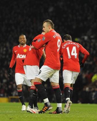 Dimitar Berbatov of Manchester United celebrates scoring from the penalty spot.Barclays Premier League match between.Manchester United v Stoke City at the Old Trafford Stadium, Manchester on the 31st January 2012. EDITORIAL USE ONLY. No use with unauthorised audio, video, data, fixture lists, club league logos or live services. Online in-match use limited to 120 images, no video emulation. No use in betting, games or single club league player publications.