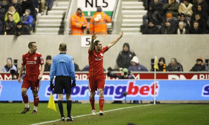 FC Liverpool s Andy Carroll celebrates scoring the first goal of the game at Molineux.Barclays Premier League.Wolverhampton Wanderers v FC Liverpool, Molineux Wolverhampton, January 31st 2012. EDITORIAL USE ONLY. No use with unauthorised audio, video, data, fixture lists, club league logos or live services. Online in-match use limited to 120 images, no video emulation. No use in betting, games or single club league player publications.