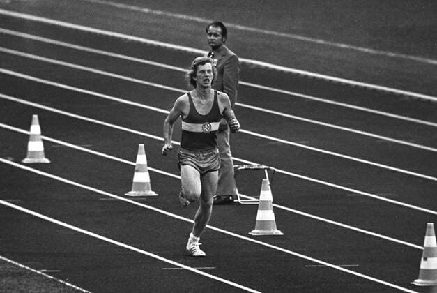 Athletics : Munich Olympics 1972 Mens Marathon. Norbert Südhaus (A German Student) fools the officials as he runs into the Stadium, claiming to lead the race. 