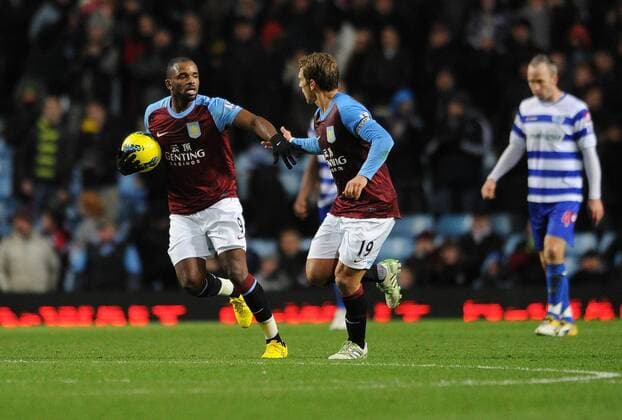 Football - Premier League - Aston Villa vs. Queens Park Rangers QPR Aston Villa s Darren Bent celebrates scoring late in the first half (1-2) at Villa Park, Birmingham 