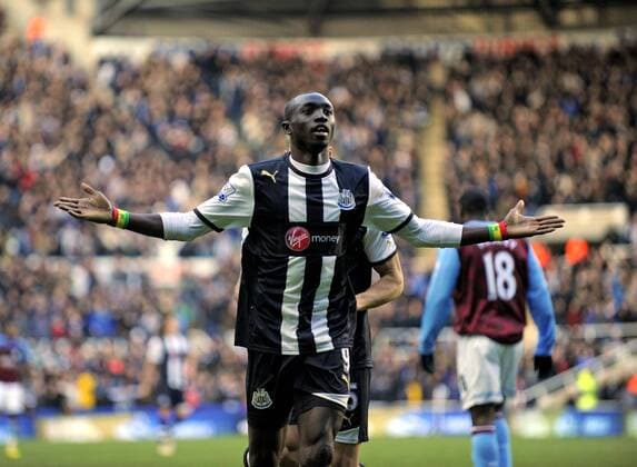 Papiss Demba Cisse (C) of Newcastle United celebrates scoring his side s second goal.Barclays Premier League match between Newcastle United v Aston Villa at the Sports Direct Arena at Newcastle upon Tyne on 5th February 2012. EDITORIAL USE ONLY. No use with unauthorised audio, video, data, fixture lists, club league logos or live services. Online in-match use limited to 120 images, no video emulation. No use in betting, games or single club league player publications.