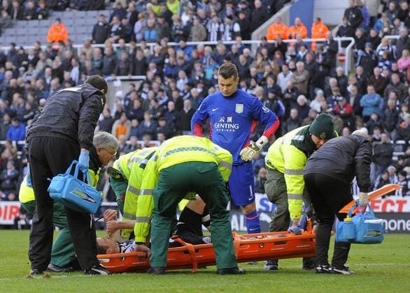 Ryan Taylor of Newcastle United is taken off on stretcher in the first half.Barclays Premier League match between Newcastle United v Aston Villa at the Sports Direct Arena at Newcastle upon Tyne on 5th February 2012. EDITORIAL USE ONLY. No use with unauthorised audio, video, data, fixture lists, club league logos or live services. Online in-match use limited to 120 images, no video emulation. No use in betting, games or single club league player publications.