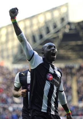 Papiss Demba Cisse of Newcastle United celebrates scoring his side s second goal.Barclays Premier League match between Newcastle United v Aston Villa at the Sports Direct Arena at Newcastle upon Tyne on 5th February 2012. EDITORIAL USE ONLY. No use with unauthorised audio, video, data, fixture lists, club league logos or live services. Online in-match use limited to 120 images, no video emulation. No use in betting, games or single club league player publications.