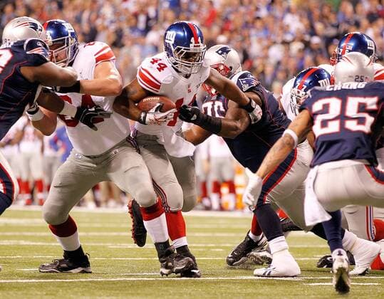 Feb. 5, 2012 - Indianapolis, IN, USA - Running back Ahmad Bradshaw (44) of the New York Giants ran near the goal line in first-quarter action against the New England Patriots during Superbowl XLVI on Sunday, February 5, 2012, at Lucas Oil Stadium in Indianapolis, Indiana. Super Bowl XLVI - ZUMAm67